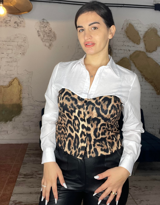 CAMISA BLANCA CON CORSET ANIMAL PRINT INCORPORADO