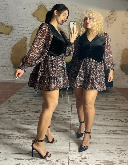 VESTIDO CORTO LEOPARDO CON CHALECO TERCIOPELO INCLUIDO